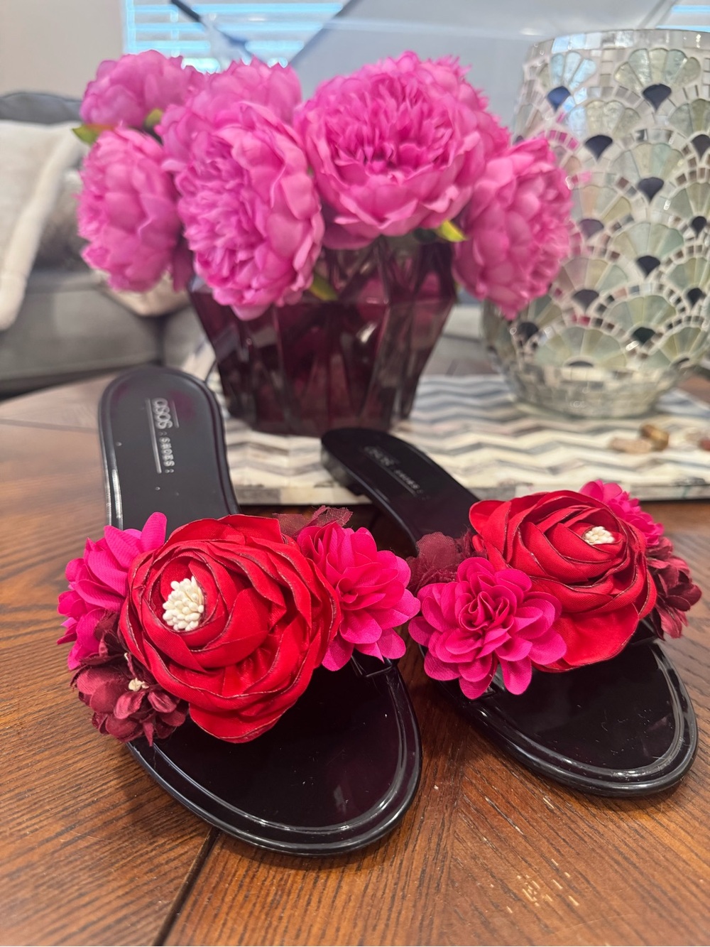 ASOS Black Slide Mules with Red & Pink Floral Appliqués